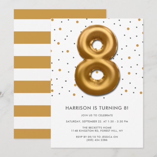 Moderne goudballon 8e verjaardag kaart (Voorkant / Achterkant)