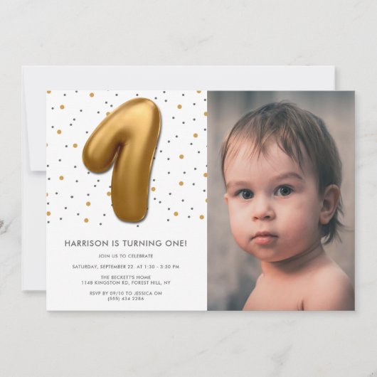 Moderne goudballon, eerste verjaardag Foto Kaart (Voorkant)