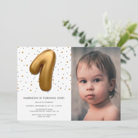 Moderne goudballon, eerste verjaardag Foto Kaart (Staand voorkant)