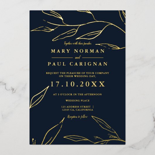 Moderne goudbladerbladbladerbladeren, eenvoudige k folie uitnodiging (Voorkant)