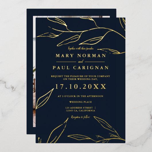 Moderne goudbladerbladbladerbladeren, eenvoudige k folie uitnodiging (Voorkant / Achterkant)