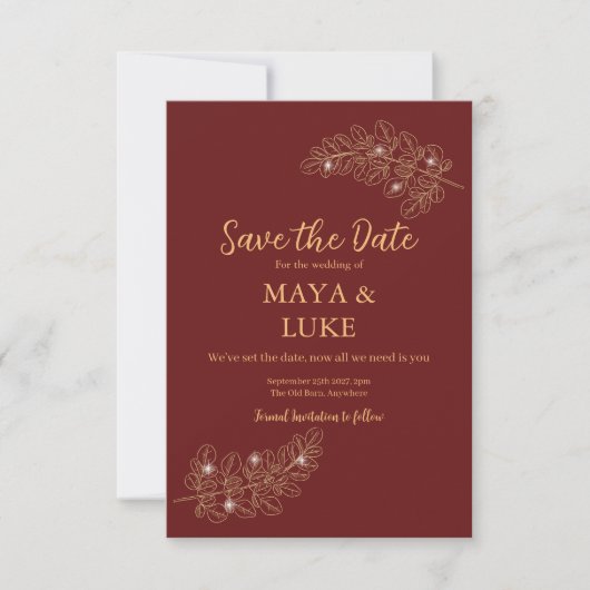 Moderne goudbladeren Bourgondië Save The Date (Voorkant)