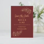 Moderne goudbladeren Bourgondië Save The Date (Staand voorkant)