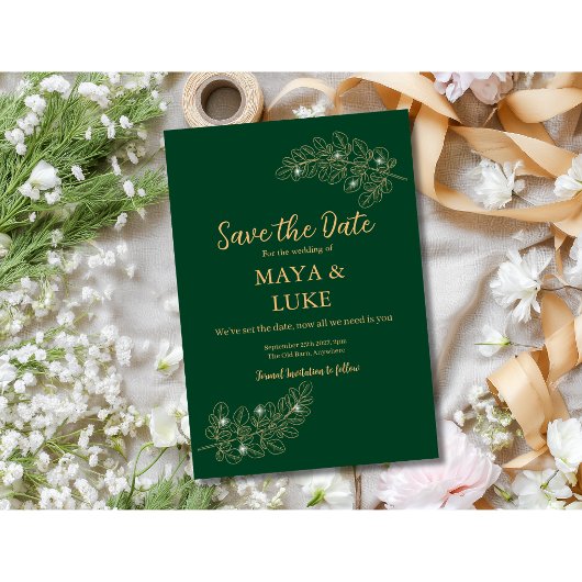 Moderne goudbladeren Smaragd Save The Date