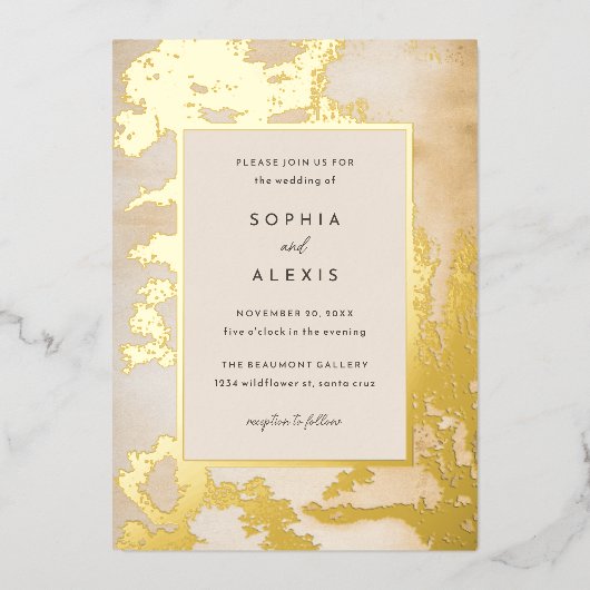 Moderne gouden Abstracte Waterverf bruiloft Folie Uitnodiging (Voorkant)