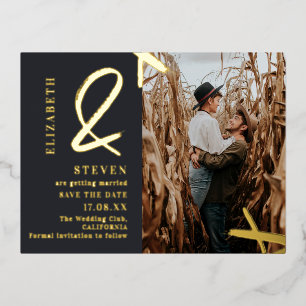 Moderne gouden ampersand fotobruiloft met behoud v folie uitnodiging briefkaart