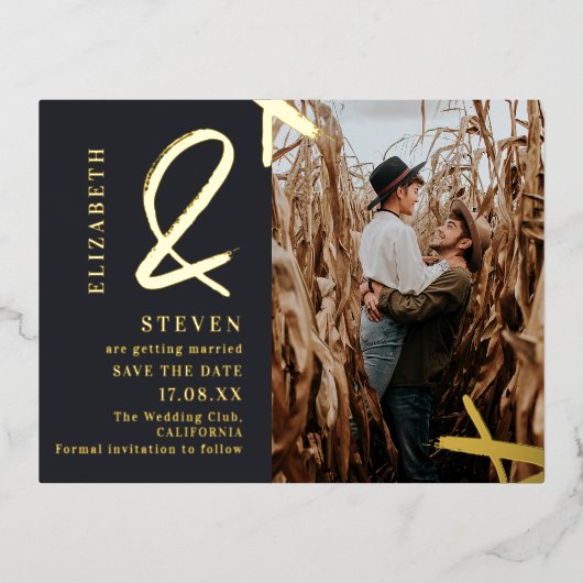 Moderne gouden ampersand fotobruiloft met behoud v folie uitnodiging briefkaart (Voorkant)