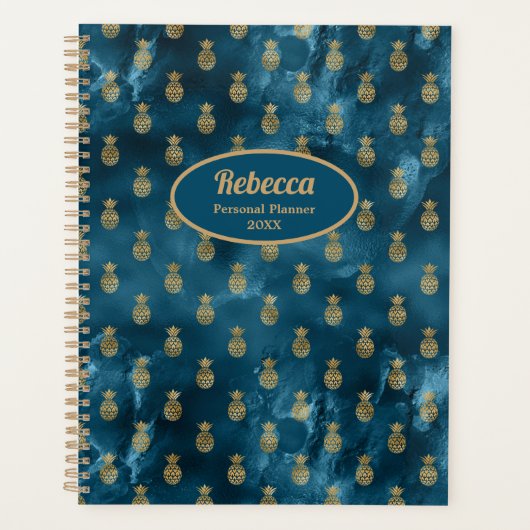 Moderne Gouden Ananassen Tealblauw Personaliseer Planner (Voorkant)