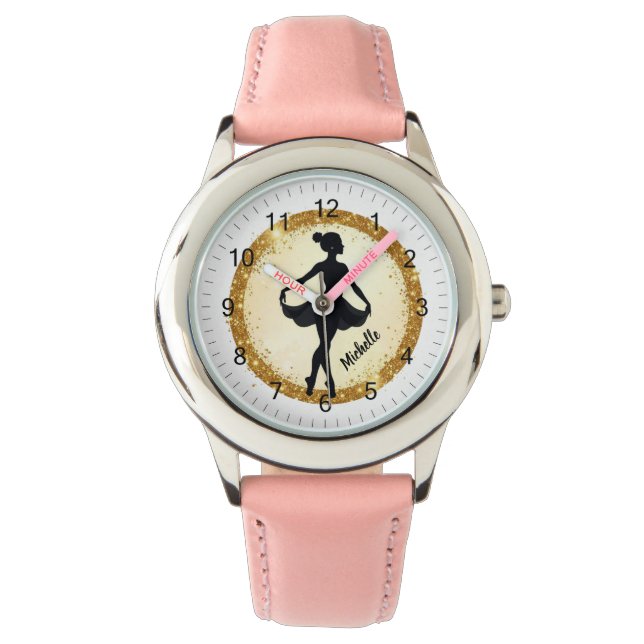 Moderne Gouden Ballerina Balletdans Gepersonalisee Horloge (Voorkant)