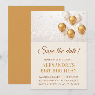 Moderne gouden ballonnen save the date 61ste verja kaart