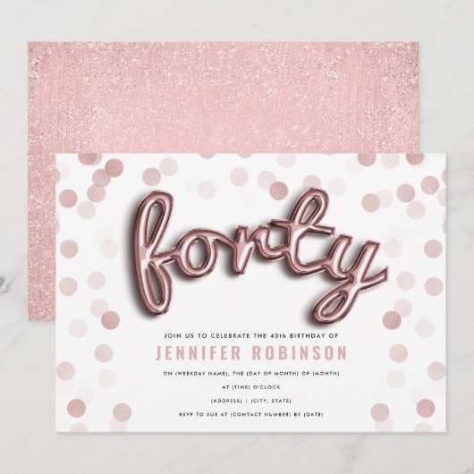 Moderne gouden ballonnen van Roos Glitter 40ste ve Kaart (Voorkant / Achterkant)