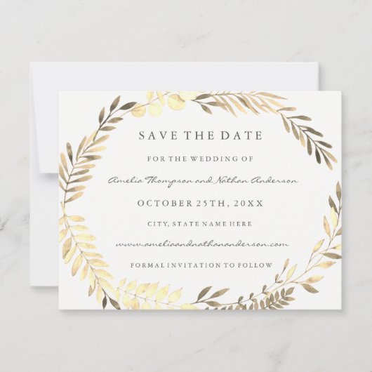 Moderne gouden bladkrans trouw save the date (Voorkant)