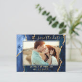 Moderne Gouden Blauwe Agaat FOTO Save the Date Briefkaart (Staand voorkant)