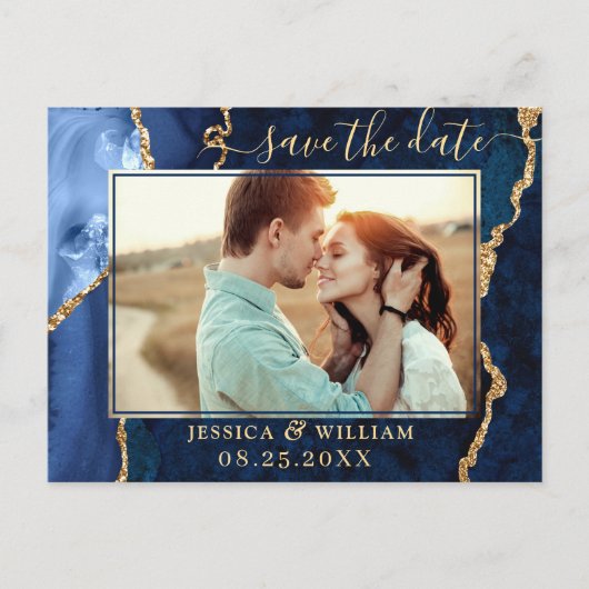Moderne Gouden Blauwe Agaat FOTO Save the Date Briefkaart (Voorkant)