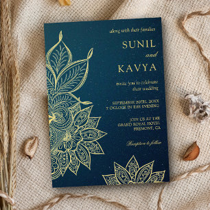 Moderne Gouden Blauwe Galaxy Henna Indiase Bruilof Kaart