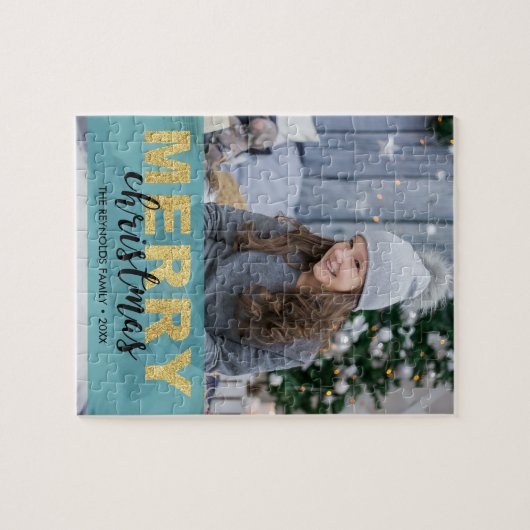 Moderne Gouden Blauwe Kerst Foto - Puzzel Legpuzzel (Horizontaal)