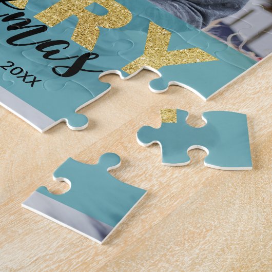 Moderne Gouden Blauwe Kerst Foto - Puzzel Legpuzzel (Zijkant)