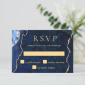 Moderne gouden blauwe marmeren agaat trouw-RSVP ka RSVP Kaartje (Staand voorkant)
