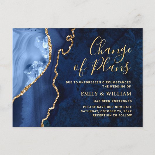 Moderne Gouden Blauwe Marmeren Datumswijziging Uit Briefkaart (Voorkant)
