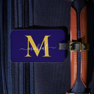 Moderne Gouden & Blauwe Monogram Script Naam Bagagelabel