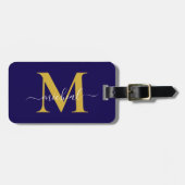 Moderne Gouden & Blauwe Monogram Script Naam Bagagelabel (Voorkant horizontaal)