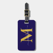 Moderne Gouden & Blauwe Monogram Script Naam Bagagelabel (Voorkant verticaal)