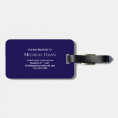 Moderne Gouden & Blauwe Monogram Script Naam Bagagelabel (Achterkant horizontaal)