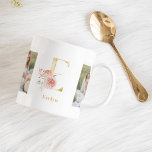 Moderne Gouden Bloem Letter E | Twee foto-monogram Koffiemok<br><div class="desc">Moderne Gouden Bloem Letter E | Twee foto-monogram</div>