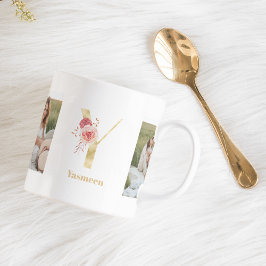 Moderne Gouden Bloem Letter Y | Twee foto-monogram Koffiemok