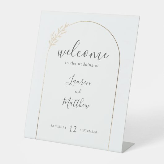 Moderne Gouden Bloemboog Rand Trouw Welkom Reclamebord Met Voetstuk (Voorkant)