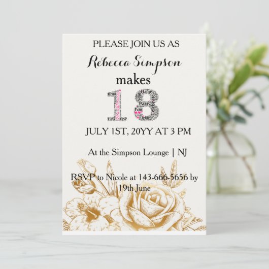 Moderne gouden bloemen | 18e verjaardag save the date (Staand voorkant)