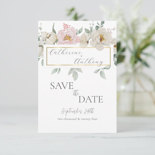 Moderne Gouden Bloemen Bruiloft Save The Date (Staand voorkant)