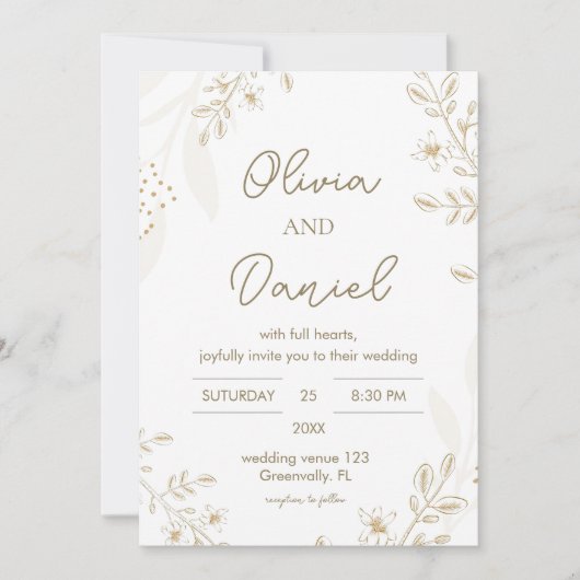 Moderne Gouden Bloemen Huwelijksuitnodiging Kaart (Voorkant)