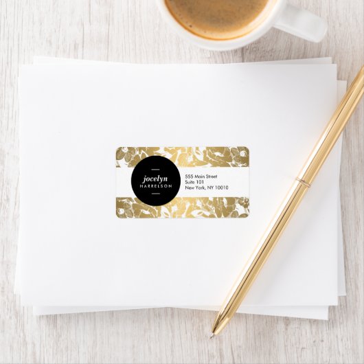 Moderne Gouden Bloemen Zwart Cirkel Adres Label (Insitu)