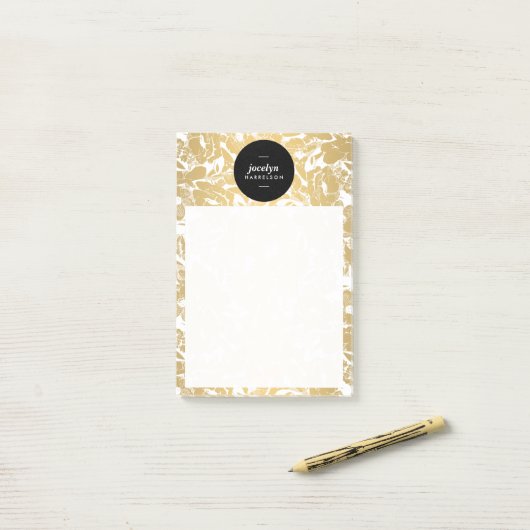 Moderne gouden bloemen zwarte cirkel post-it® notes (Op bureau)