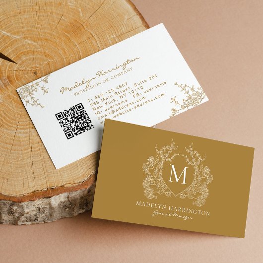 Moderne gouden bloemenkroon monogram QR-code Visitekaartje