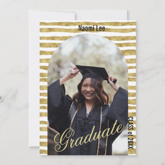 Moderne Gouden Boog Aangepaste Details Graduation Kaart (Voorkant)
