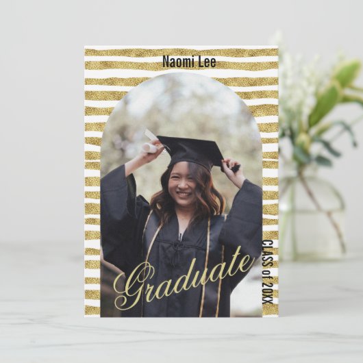 Moderne Gouden Boog Aangepaste Details Graduation  Kaart (Staand voorkant)