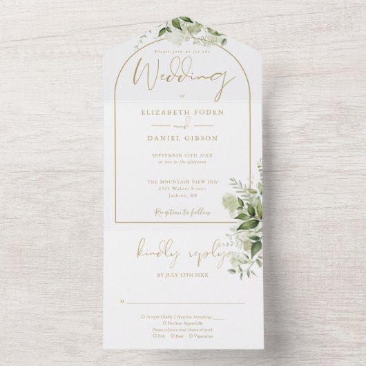 Moderne gouden boog botanische groene trouw all in one uitnodiging (Binnen)