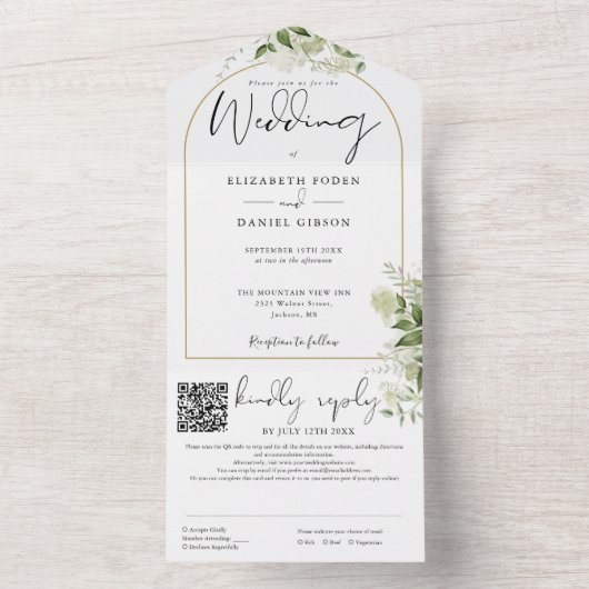 Moderne gouden boog QR-code groen huwelijk All In One Uitnodiging (Binnen)
