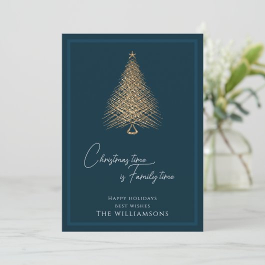 Moderne gouden boom blauwe familie kerst  feestdagenkaart (Staand voorkant)
