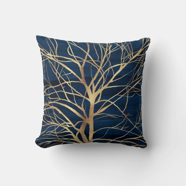 Moderne Gouden Boom Silhouet Minimalistisch Blauw  Kussen (Voorkant)