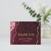 Moderne gouden bordeauxmarmer trouw bedankt briefkaart (Staand voorkant)