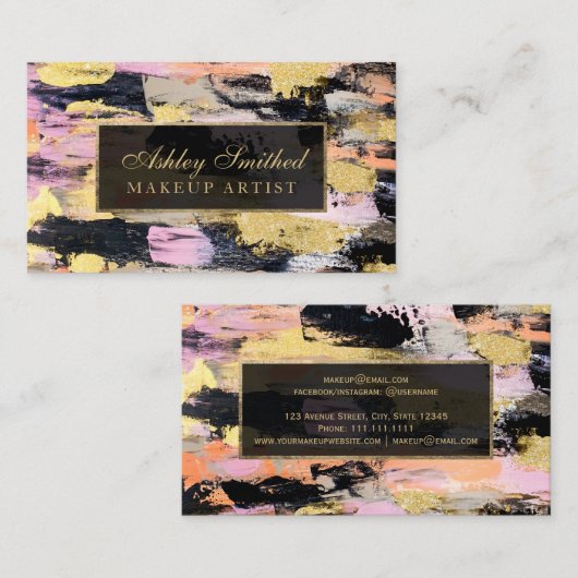 Moderne gouden borstels acrylroze make-up visitekaartje (Voorkant / Achterkant)