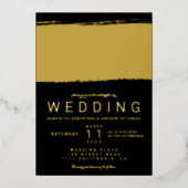 Moderne gouden borstelslag zwarte bruiloft folie uitnodiging (Voorkant)