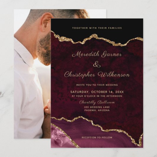 Moderne Gouden Bourgondische Agaat Fotobruiloft Kaart (Voorkant / Achterkant)