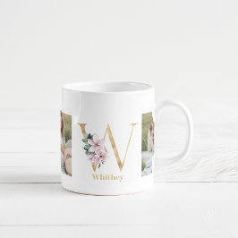 Moderne Gouden Brief W Bloem | Twee foto-monogram Koffiemok