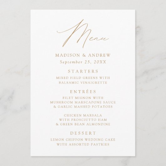 Moderne gouden bruiloft met elegant elegant menu (Voorkant)