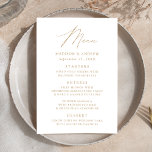 Moderne gouden bruiloft met elegant elegant menu<br><div class="desc">Eenvoudig en elegant huwelijksmenu met "Menu" weergegeven in een modern gouden script met een witte achtergrond of kleur naar keuze. Personaliseer het gouden huwelijksmenu met uw namen,  huwelijksdatum en menuinformatie. Ontworpen om te coördineren met ons Modern Elegance bruiloft collectie.</div>