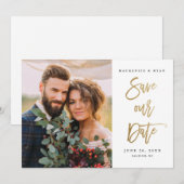 Moderne Gouden Calligrafie Foto Bruiloft Save The Date (Voorkant / Achterkant)